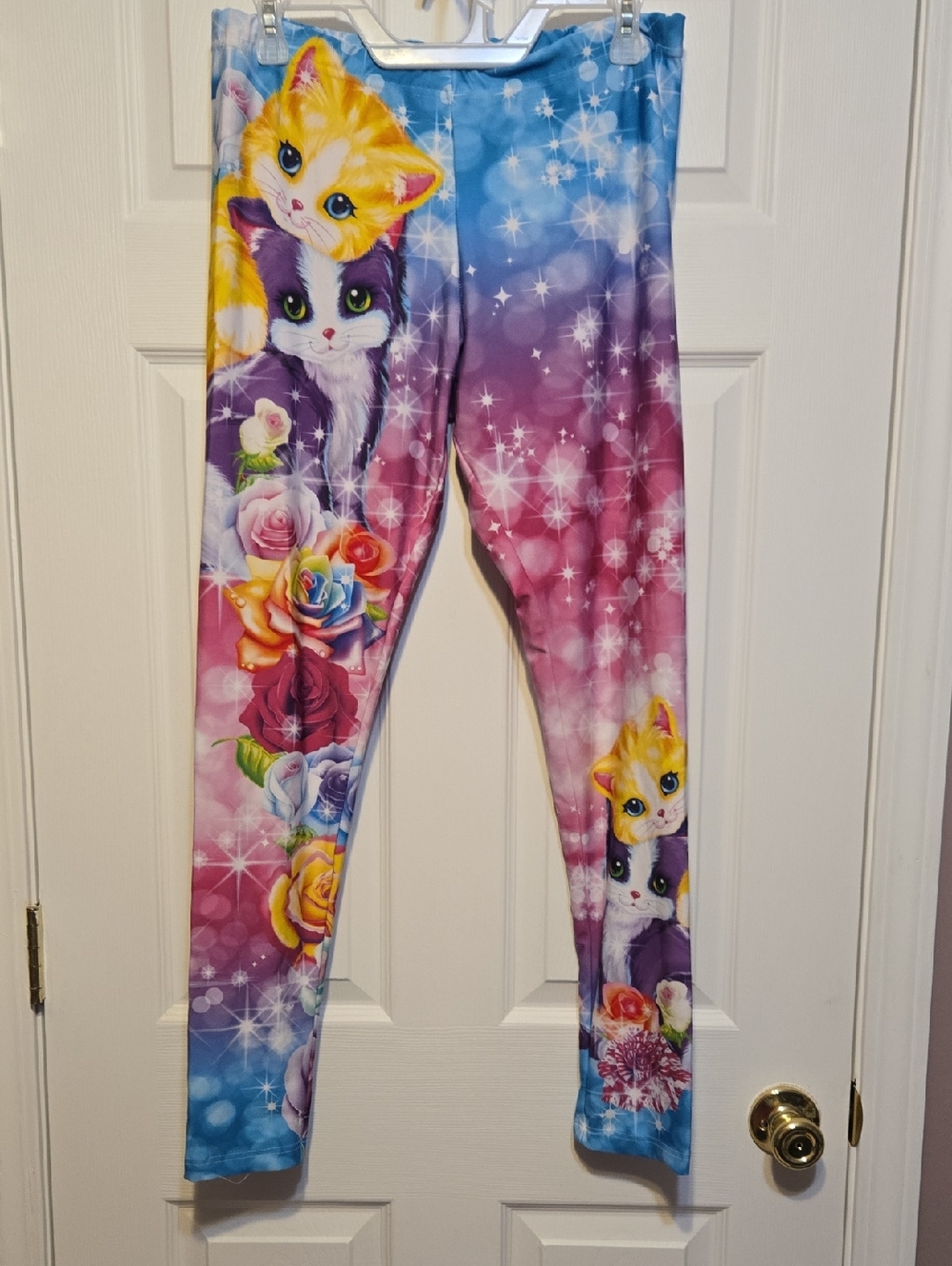 Lisa Frank Multicolor Cat & Rose Print Leggings - Pink Purple Blue Yellow